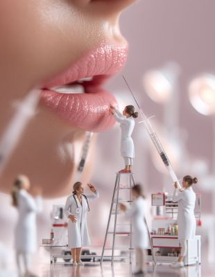 Creative concept of cosmetic doctors applying lip filler with precision, symbolising the importance of experience and trusted products in aesthetic treatments. Creative concept of cosmetic doctors applying lip filler with precision, symbolising the importance of experience and trusted products in aesthetic treatments.