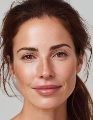 Close-up of a woman with smooth, asymmetric, youthful skin after dermal filler treatment at One8Clinic in Melrose Arch, Sandton, showcasing natural results from premium hyaluronic acid facial rejuvenation.