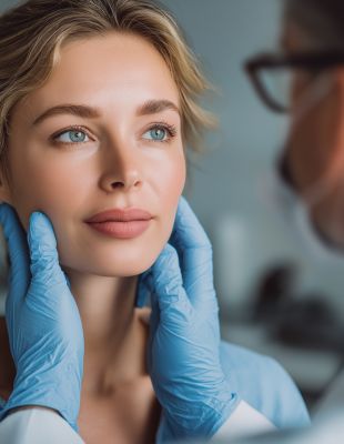 Medical professional at One8Clinic in Melrose Arch, Sandton, examining patient’s face during a wrinkle-relaxing injections consultation to plan safe, personalised facial rejuvenation treatment.