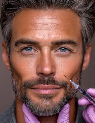 Mature man receiving dermal filler injection at One8Clinic in Melrose Arch, Sandton, performed by a skilled medical professional to smooth lines and restore youthful facial volume.