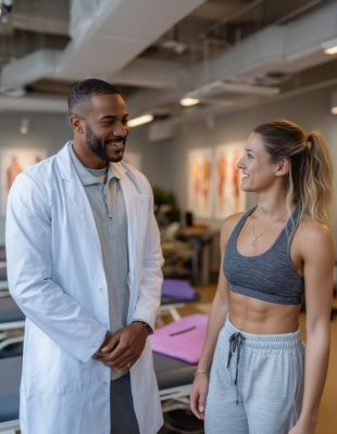 "Doctor consulting fit female patient about VASER liposuction for fat reduction and body sculpting — expert care at One8Clinic in Melrose Arch, Sandton, Johannesburg"