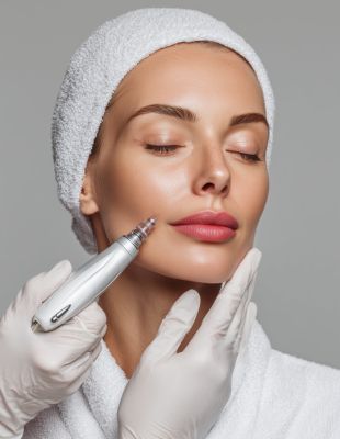 “Skincare specialist performing a microneedling procedure on a client’s face at One8Clinic in Melrose Arch, promoting smoother, clearer skin and collagen renewal for acne and surgical scar improvement.”