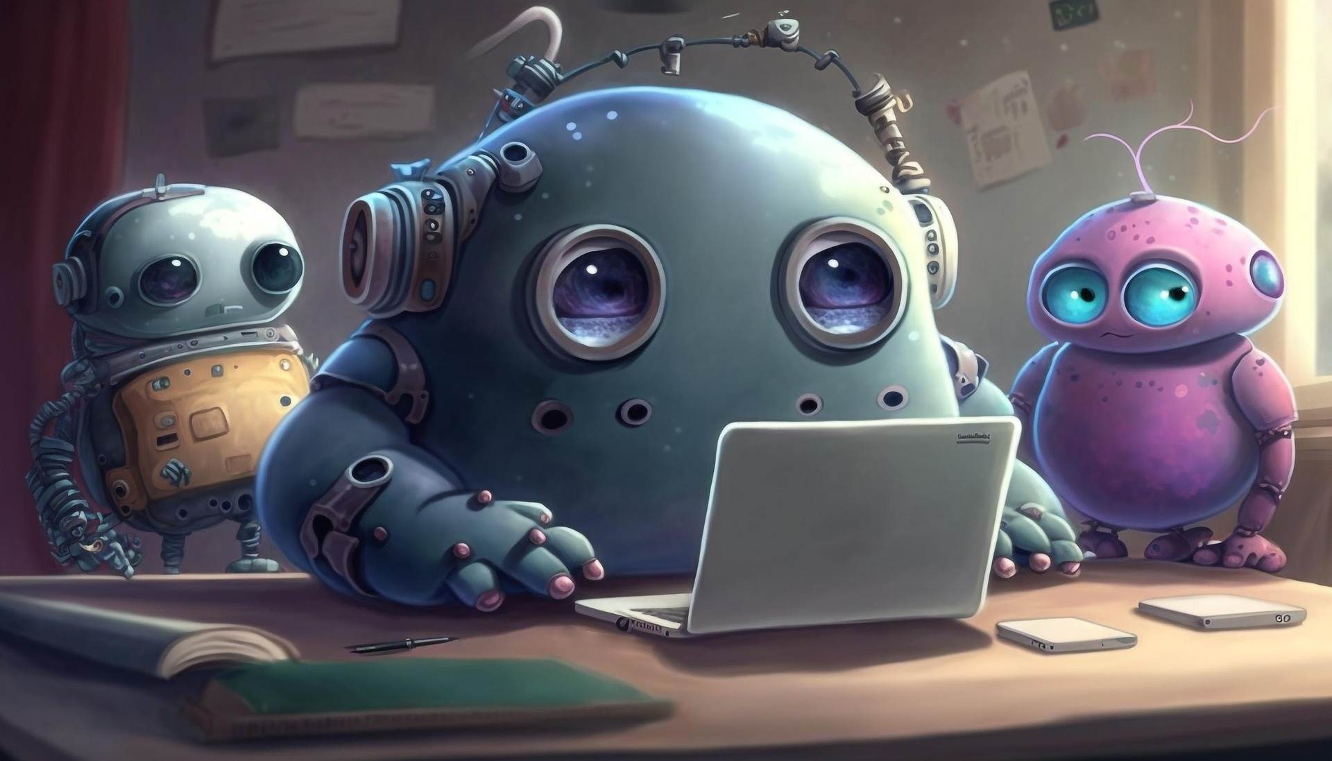 robot looking at computer