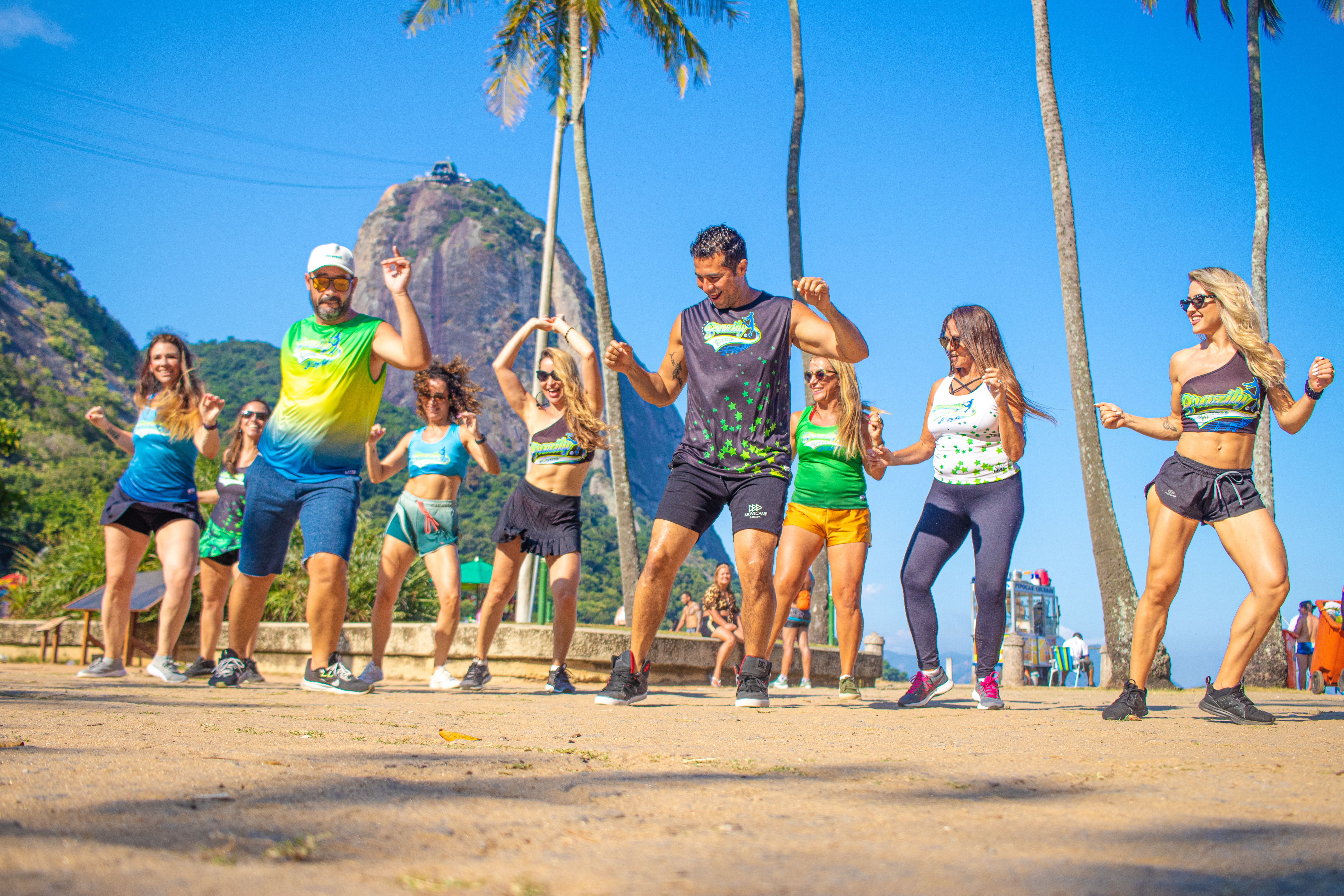 Happy people dancing, Brazilian dance fitness class