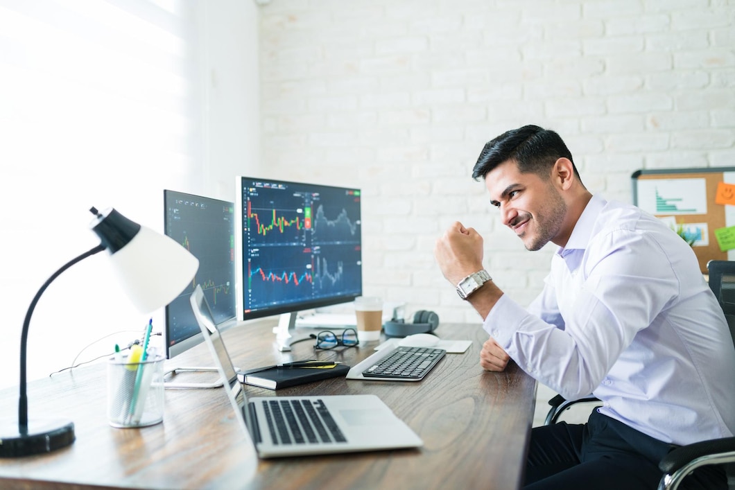 Confident handsome Hispanic financial broker 