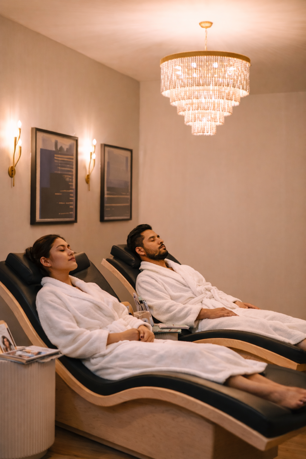 Couple relaxing in plush white robes in the Hello Beautiful spa lounge, surrounded by warm lighting and a calming, peaceful atmosphere.