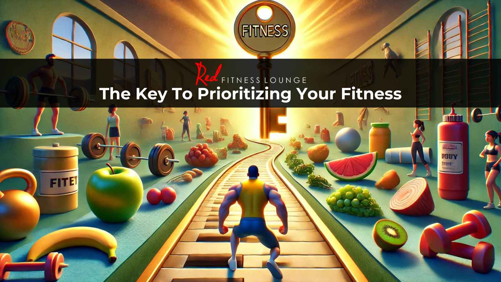 A workout gym of people training with a key in the middle representing the key to prioritizing your fitness - RedFitnessLounge.com A workout gym of people training with a key in the middle representing the key to prioritizing your fitness - RedFitnessLounge.com