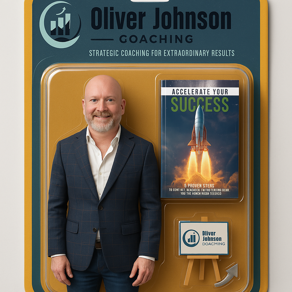 "Action figure of Oliver Johnson in a suit, packaged with his book 'Accelerate Your Success', a mini easel with his company logo, and business-themed accessories, representing his role as a business coach and strategist." "Action figure of Oliver Johnson in a suit, packaged with his book 'Accelerate Your Success', a mini easel with his company logo, and business-themed accessories, representing his role as a business coach and strategist."