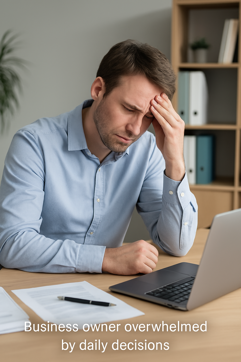 A stressed business owner alone at a desk – "Business owner overwhelmed by daily decisions" A stressed business owner alone at a desk – "Business owner overwhelmed by daily decisions"