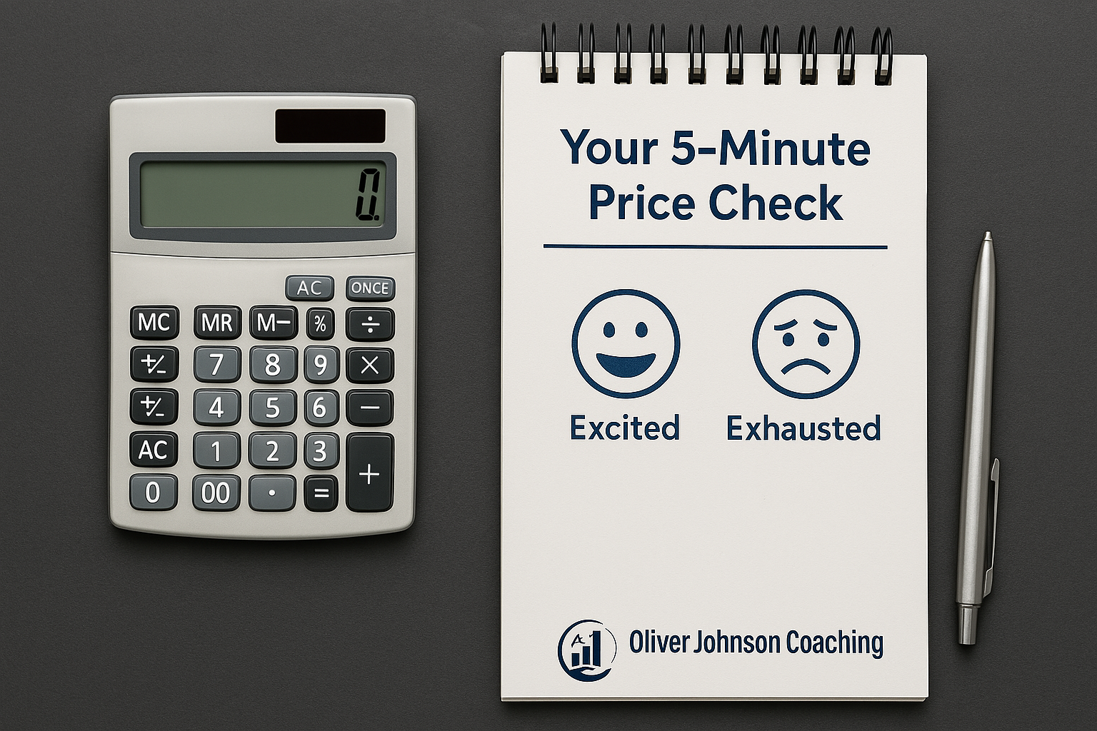 A top-down photo of a calculator and notepad titled “Your 5-Minute Price Check,” with emoticons showing excitement and exhaustion, set against a dark grey background with a pen nearby. A top-down photo of a calculator and notepad titled “Your 5-Minute Price Check,” with emoticons showing excitement and exhaustion, set against a dark grey background with a pen nearby.