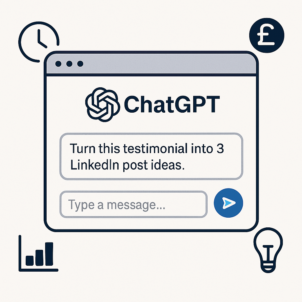 Illustration of a ChatGPT interface on a computer screen, showing a text prompt field, send button, and surrounding icons on a clean grey background — representing AI use for small business productivity. Illustration of a ChatGPT interface on a computer screen, showing a text prompt field, send button, and surrounding icons on a clean grey background — representing AI use for small business productivity.