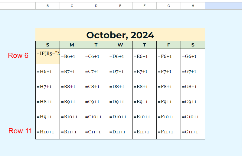 A calendar in Google Sheets that shows the formula to create a calendar.