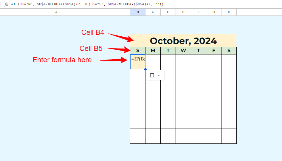 Google sheets formula with Cells B4 and B5 pointed out because they are in the "First Date" calcuation formula.