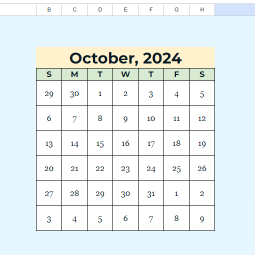 An October 2024 calendar in Google Sheets.