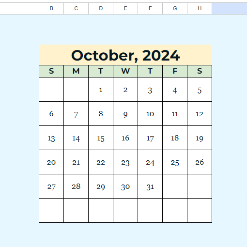 An October 2024 calendar made in Google Sheets.