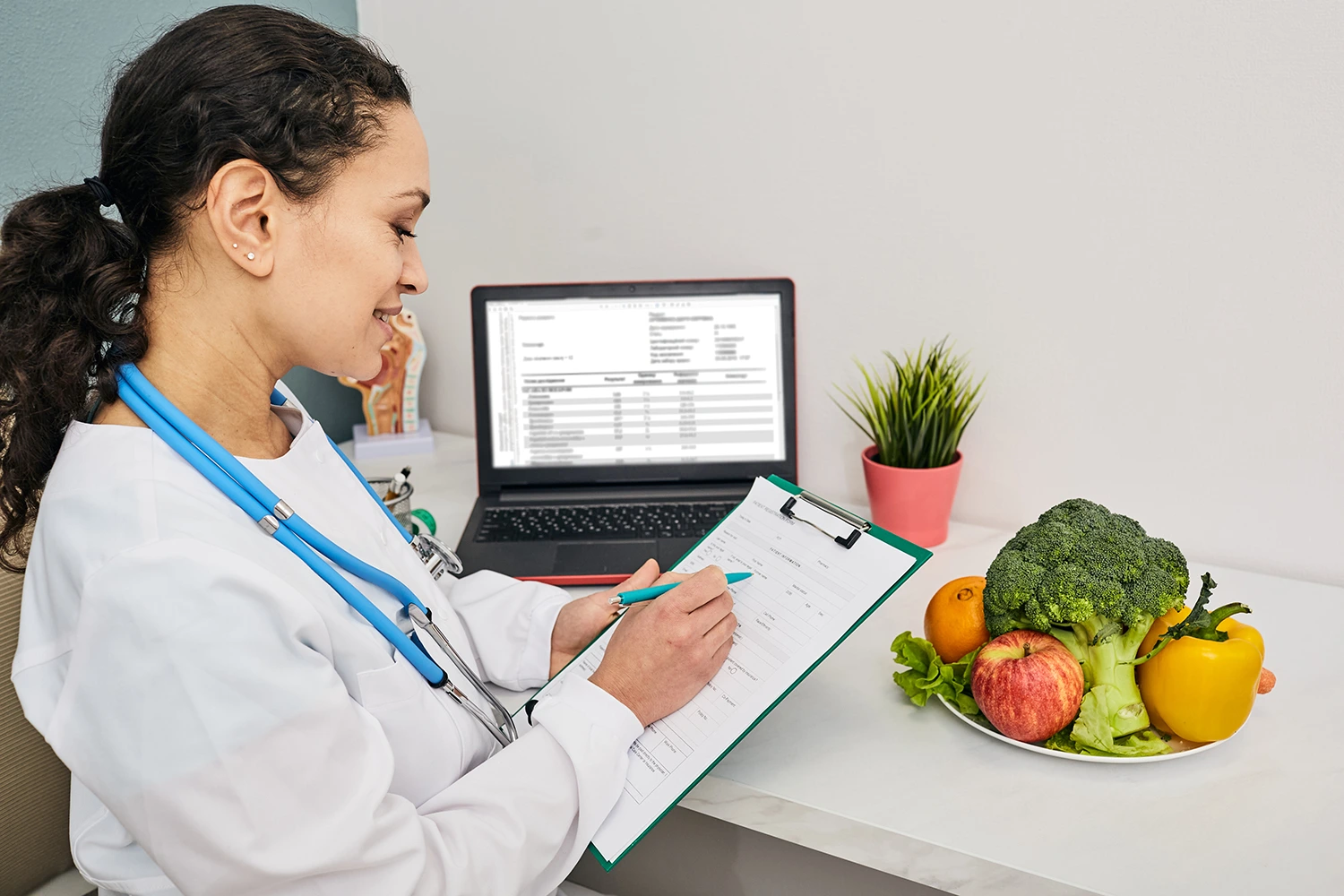 a doctor consulting a patient, surrounded by natural elements