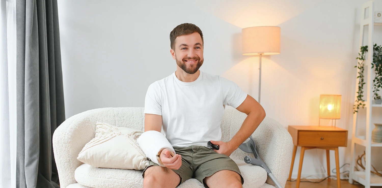 Happy man recovery from accident fracture
