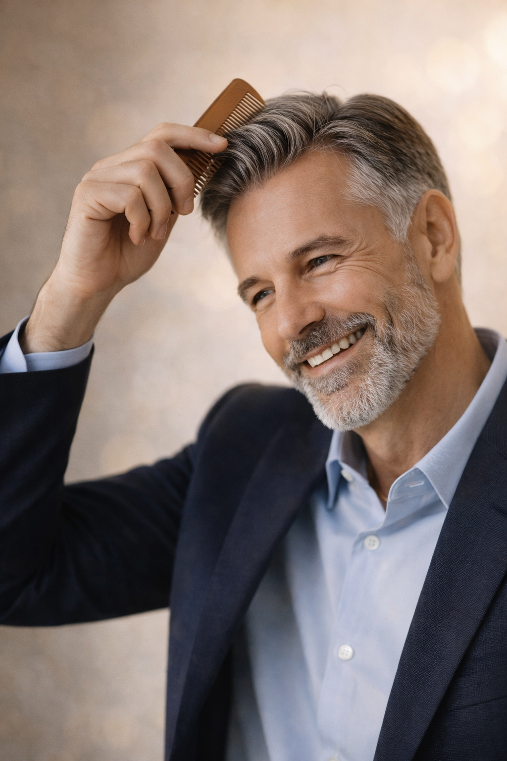 a man in his late 40's running a comb through his newly grown hair a man in his late 40's running a comb through his newly grown hair