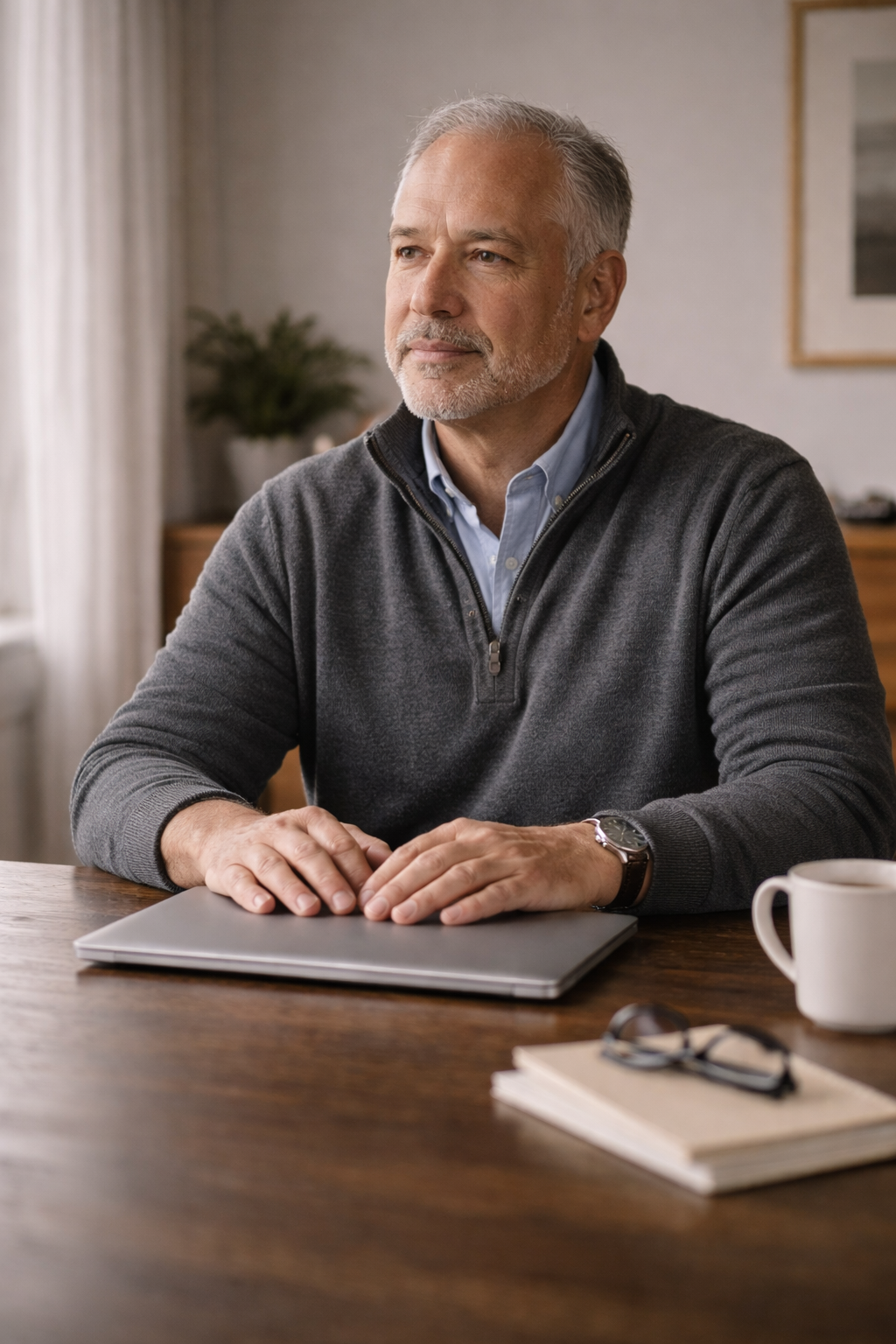 a man in his late 50's booking an appointment with Harper MD on his laptop a man in his late 50's booking an appointment with Harper MD on his laptop