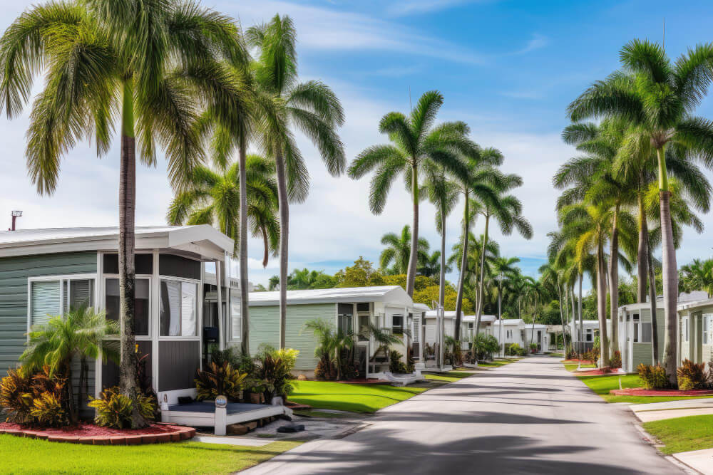 A palm tree lined street with palm trees and a house in the background