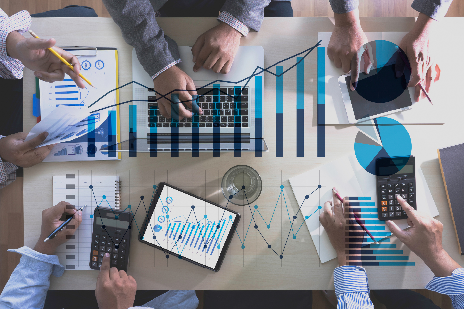 Graph shows increase in sales, with people talking in the background