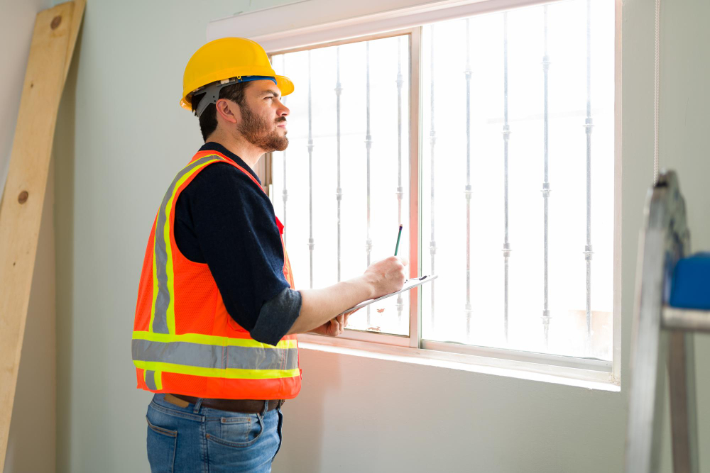 Man using a steel measuring tape to measure the width of a window frame, preparing for inside-mount blinds installation. The image highlights proper measuring technique and awareness of nearby obstructions like handles and trim. Man using a steel measuring tape to measure the width of a window frame, preparing for inside-mount blinds installation. The image highlights proper measuring technique and awareness of nearby obstructions like handles and trim.