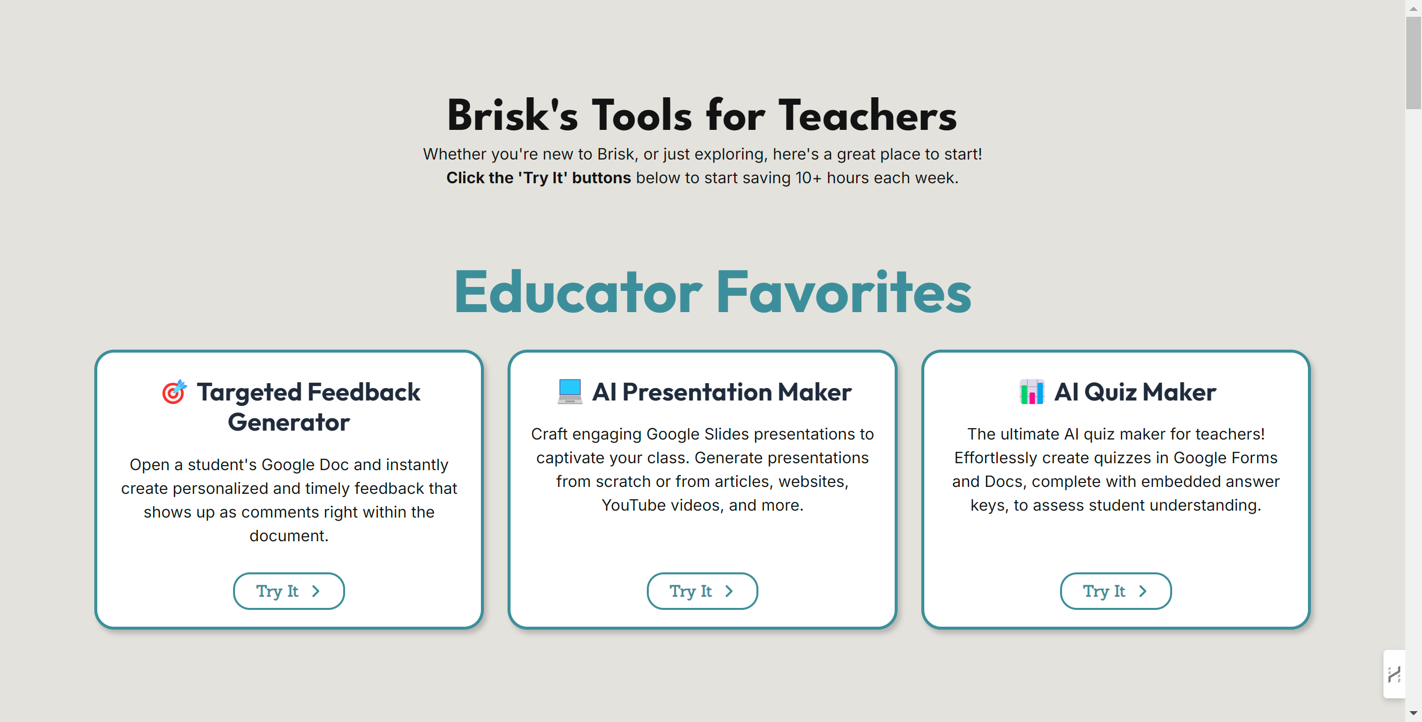 Brisk Tools for Teachers Homepage Brisk Tools for Teachers Homepage