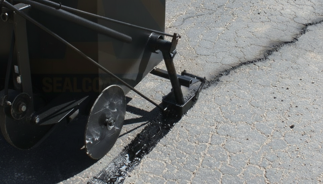 Close-up of worker using crack filling equipment on asphalt