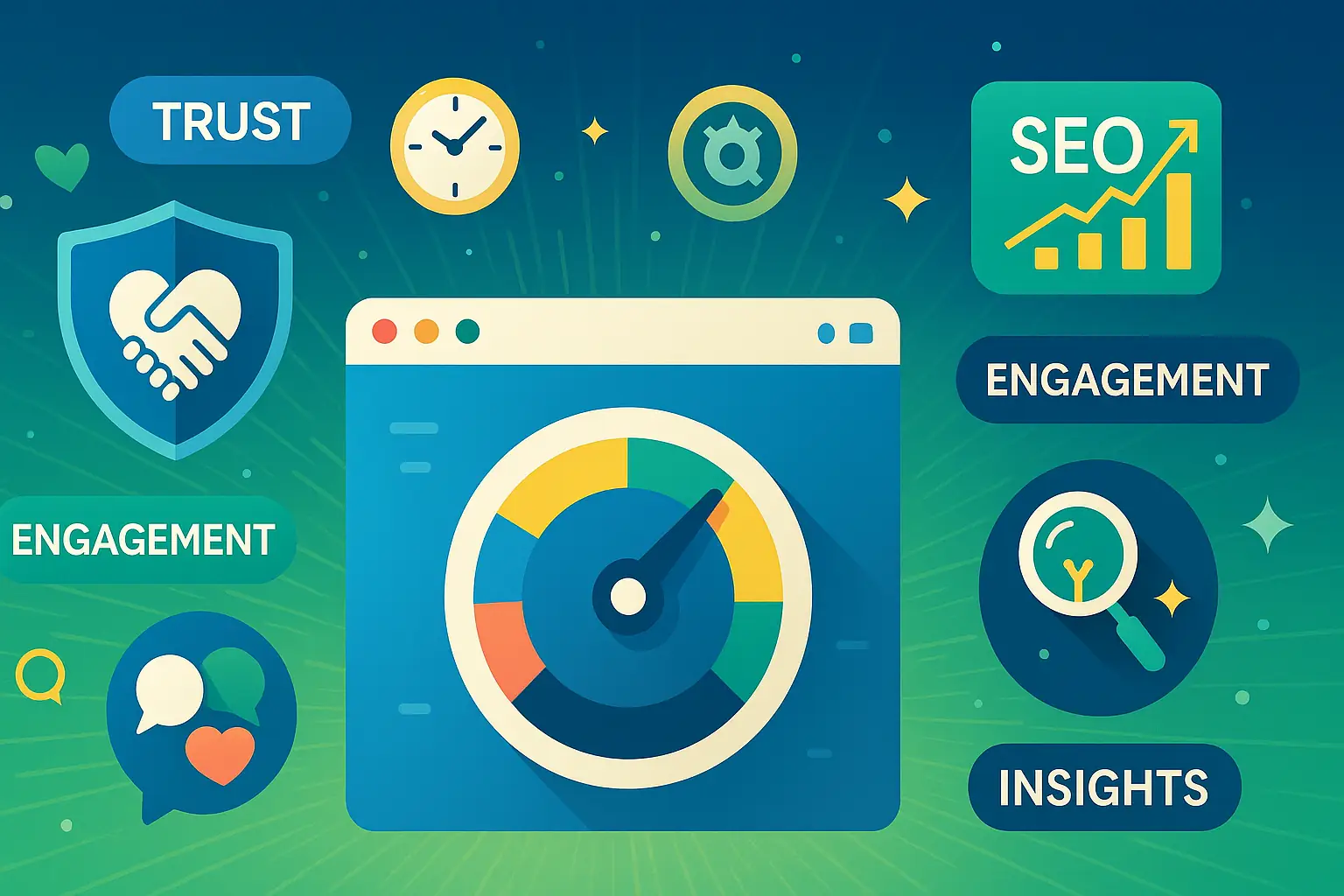 Illustration showing trust, efficiency, engagement, SEO visibility, and insights for automated reputation management