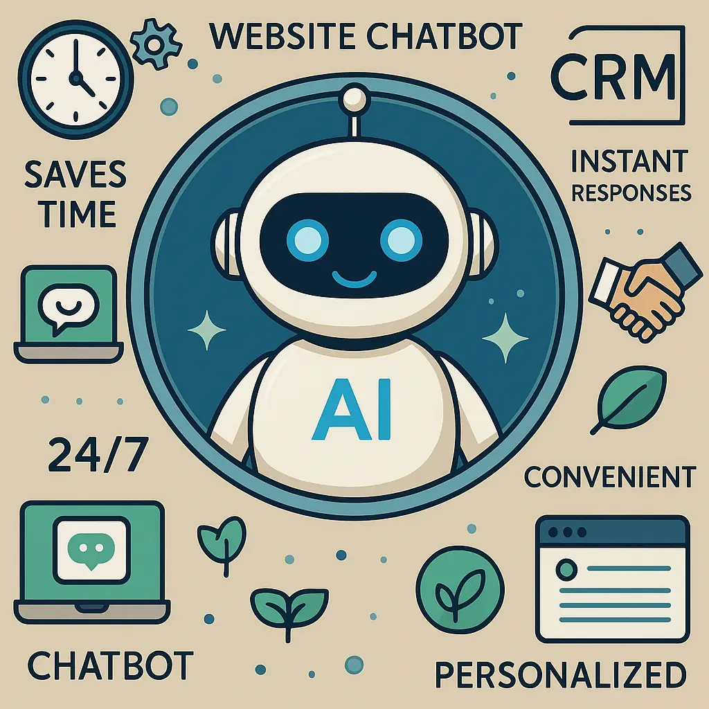 AI chatbot and CRM integration concept showing chatbot, instant response, data, leads, and convenience