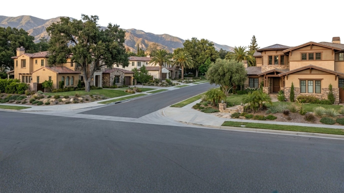 Street-level view of a luxury residential neighborhood with well-maintained homes, landscaped yards, palm trees, and mountain views in the background.