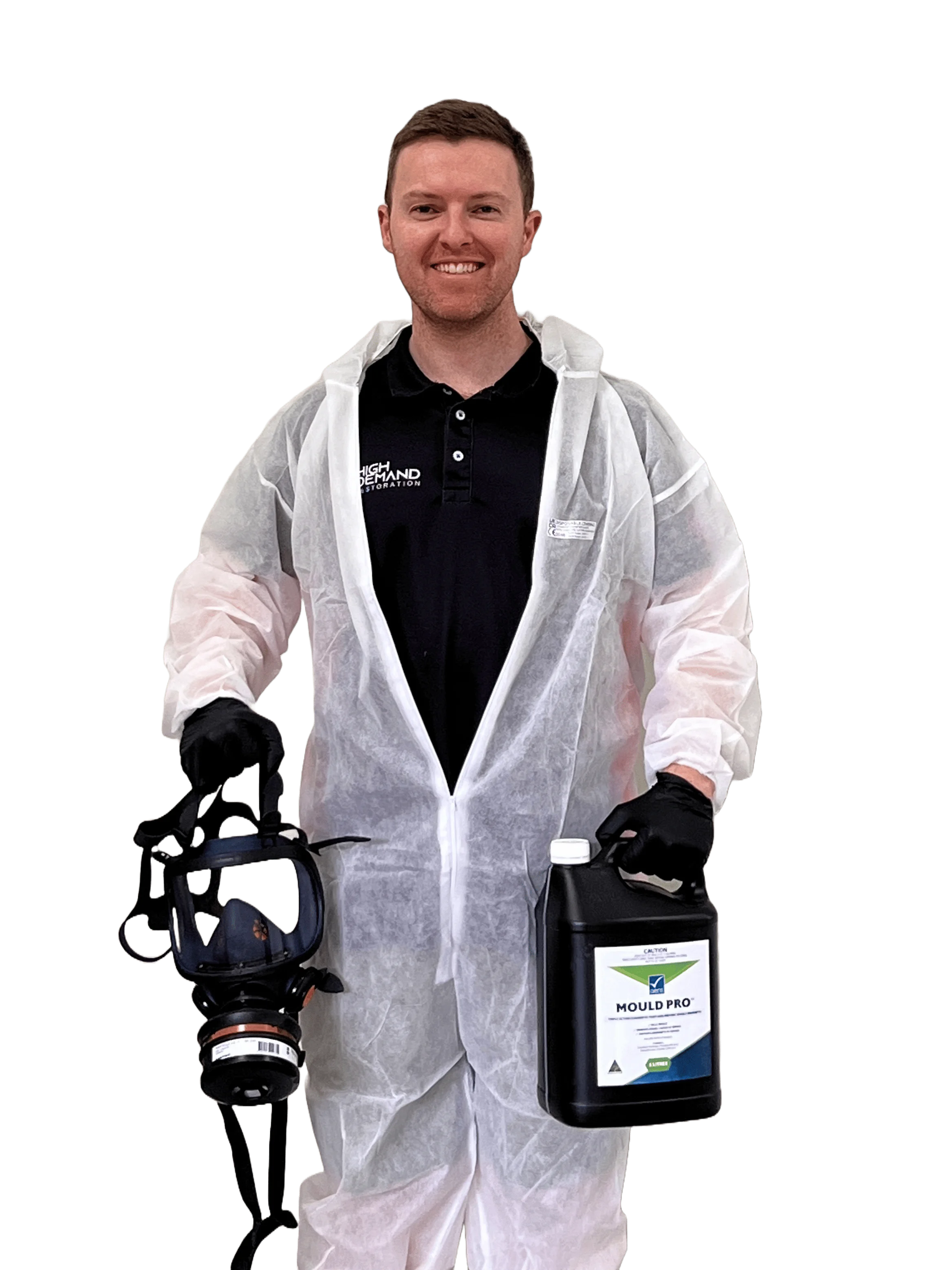 Professional mould remediation technician wearing full PPE suit, holding a respirator mask and a container of Mould Pro cleaning solution, representing High Demand Restoration’s expert mould removal services.