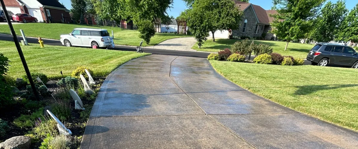 Freshly cleaned residential driveway with visible pressure washing marks, surrounded by green lawns and neighborhood homes.