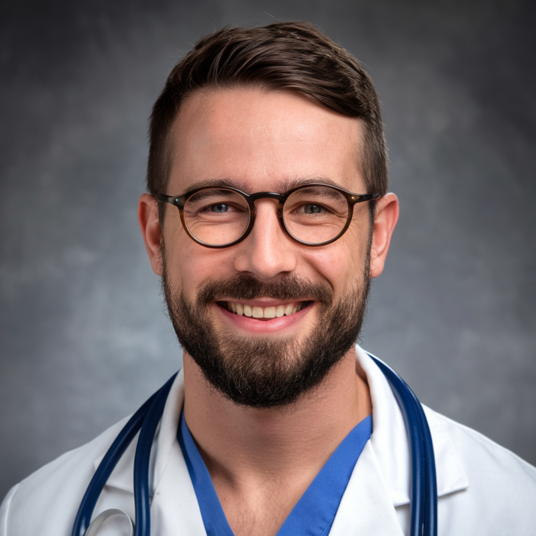 Médico sorrindo por achar sua contabilidade Médico sorrindo por achar sua contabilidade