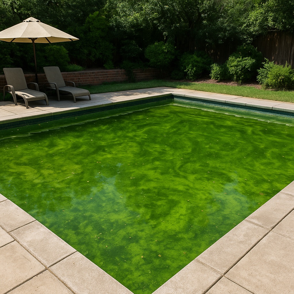 Backyard swimming pool with green, algae-covered water surrounded by patio pavers and lounge chairs under an umbrella. Backyard swimming pool with green, algae-covered water surrounded by patio pavers and lounge chairs under an umbrella.