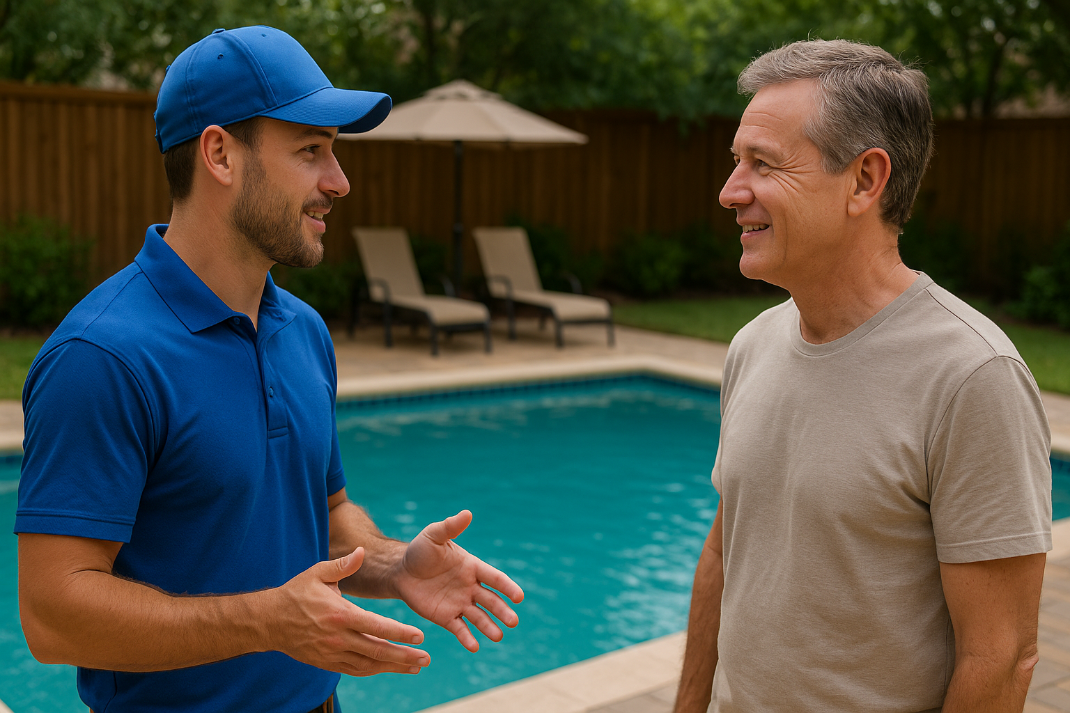 Pool technician in a blue polo shirt speaking with a smiling pool owner beside a backyard swimming pool. Pool technician in a blue polo shirt speaking with a smiling pool owner beside a backyard swimming pool.