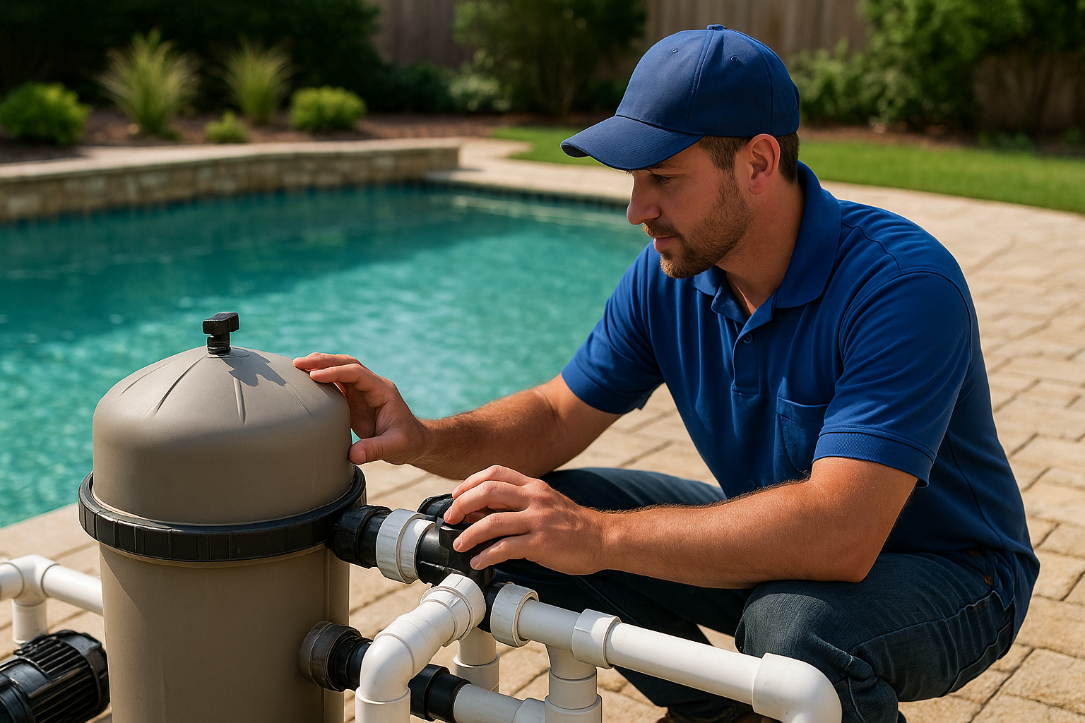 Pool technician inspecting a pool filter system beside a clean backyard swimming pool on a sunny day. Pool technician inspecting a pool filter system beside a clean backyard swimming pool on a sunny day.