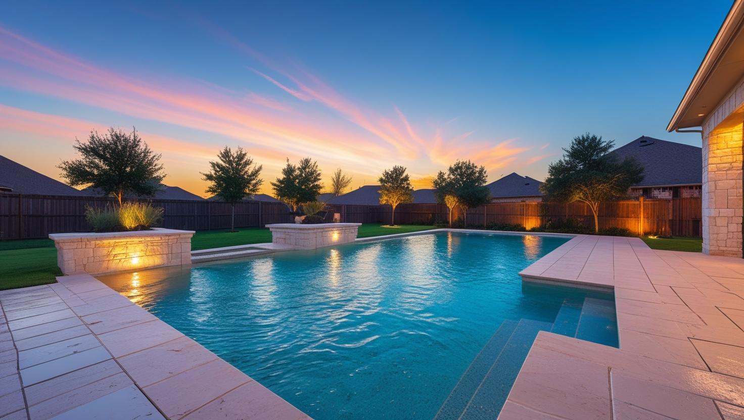 Luxury inground swimming pool in Dallas, Texas backyard at sunset, with illuminated patio and landscaping.