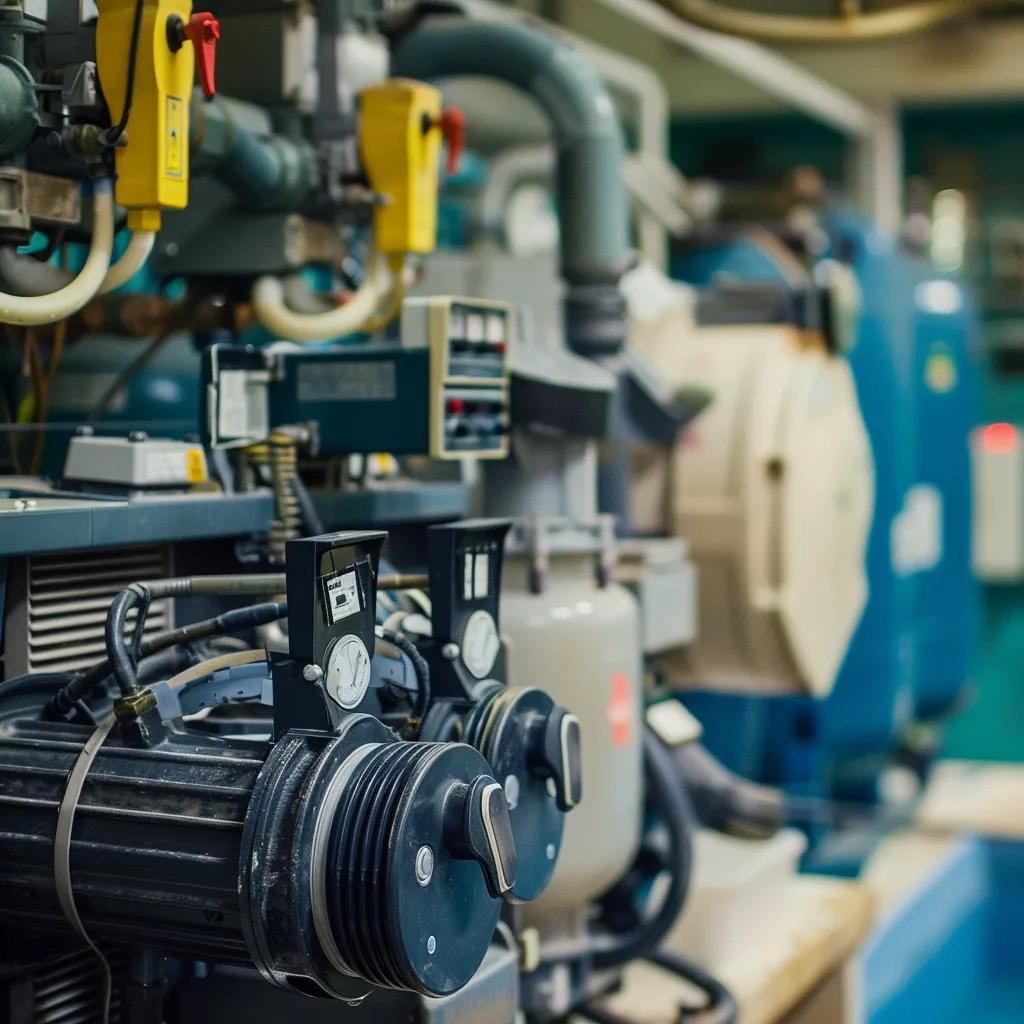 Close-up of pool equipment including pump, filter, and heater in a workshop setting Close-up of pool equipment including pump, filter, and heater in a workshop setting