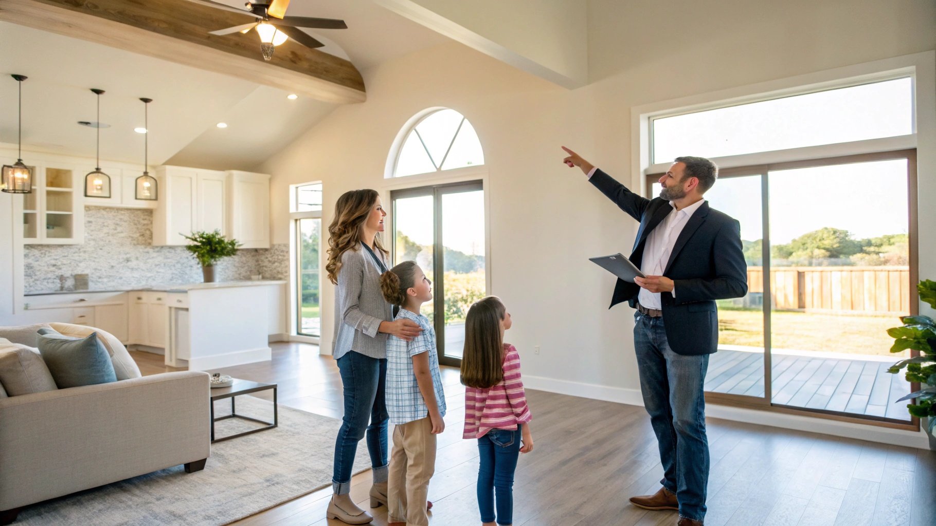 Young family touring new construction model home with real estate agent in North DFW Texas