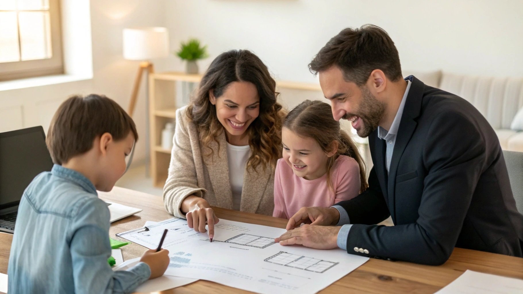 Family consulting with construction loan specialist reviewing blueprints and financial documents