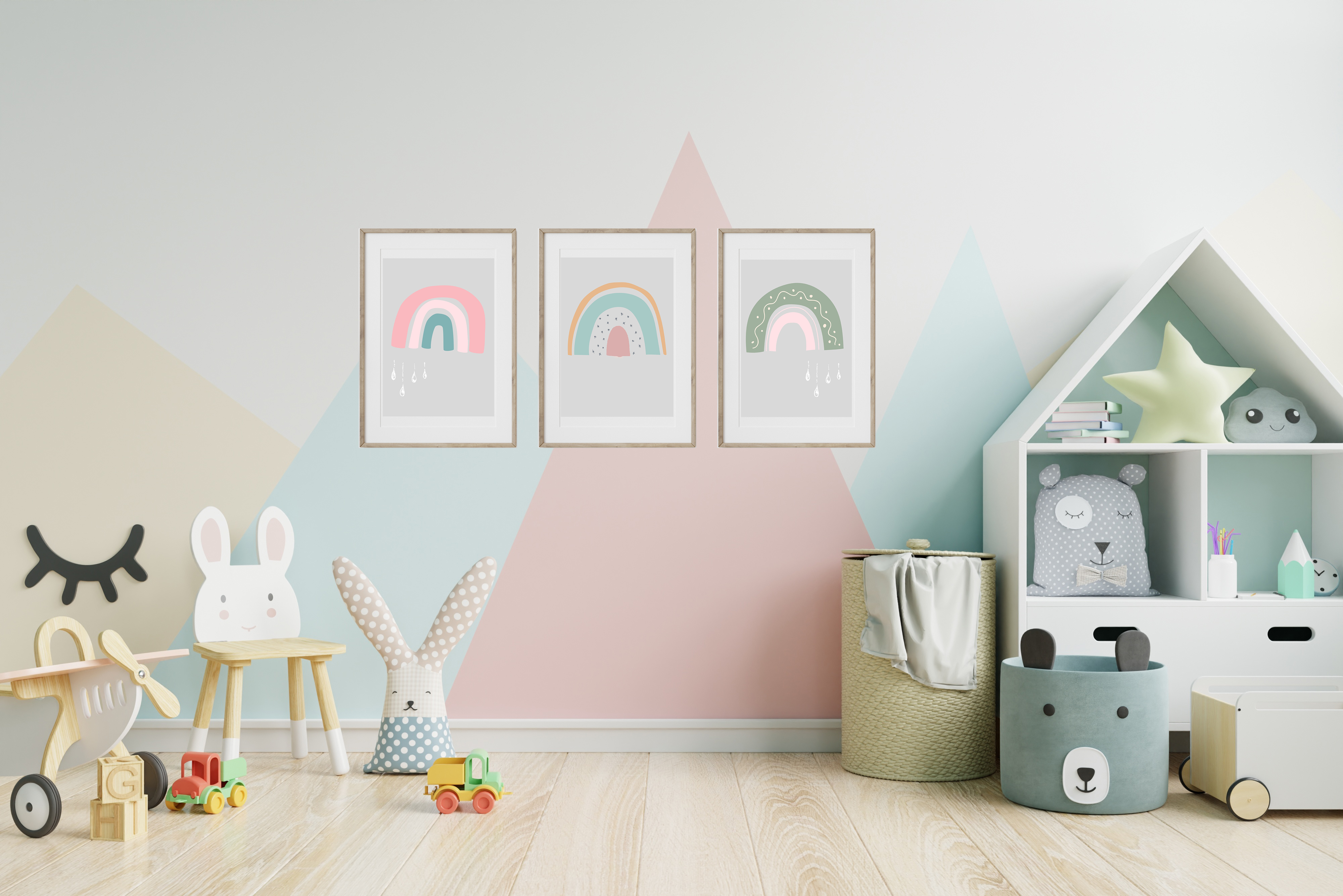 pastel coloured triangles on a bedroom wall