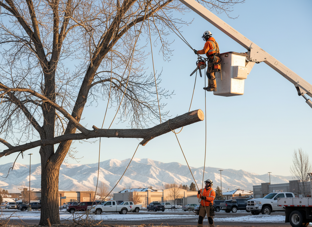Arborist removing a large tree limb safely with ropes and a bucket truck in Utah