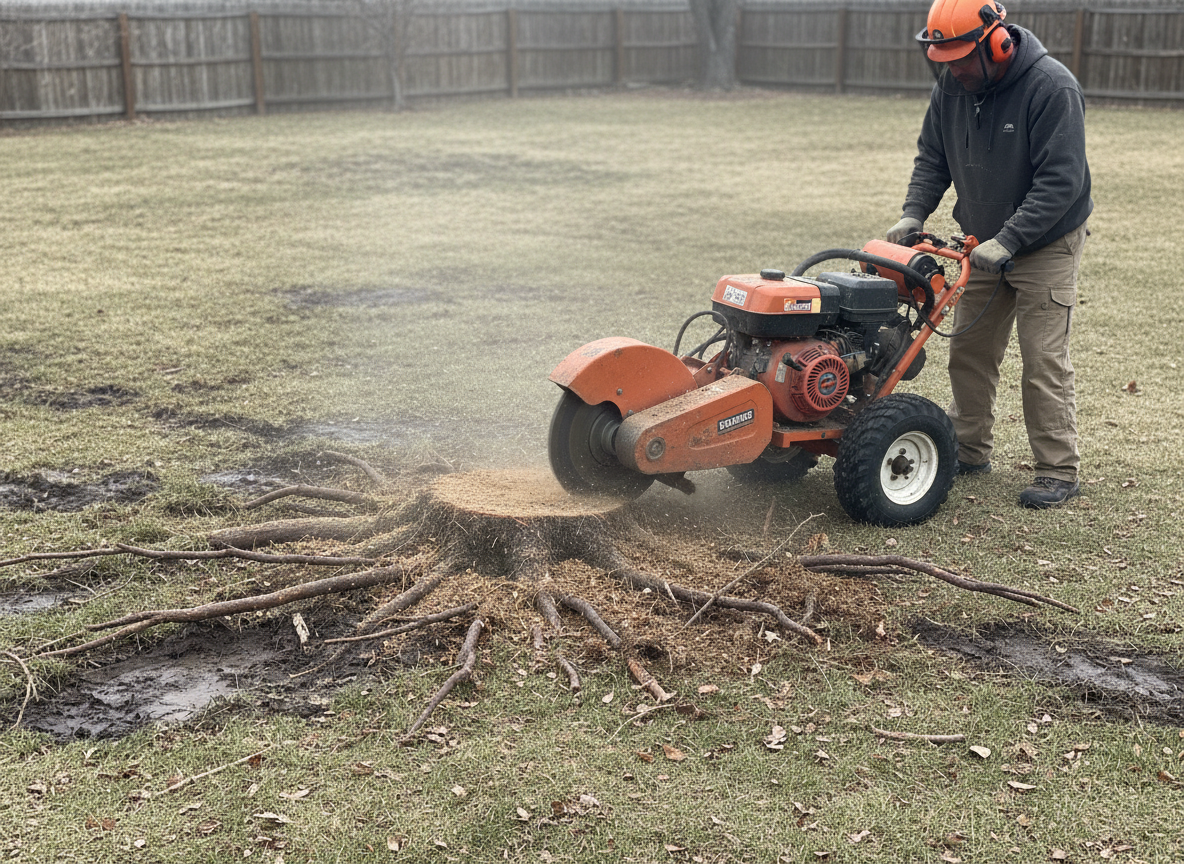 Stump grinder removing surface roots in a Layton, Utah yard