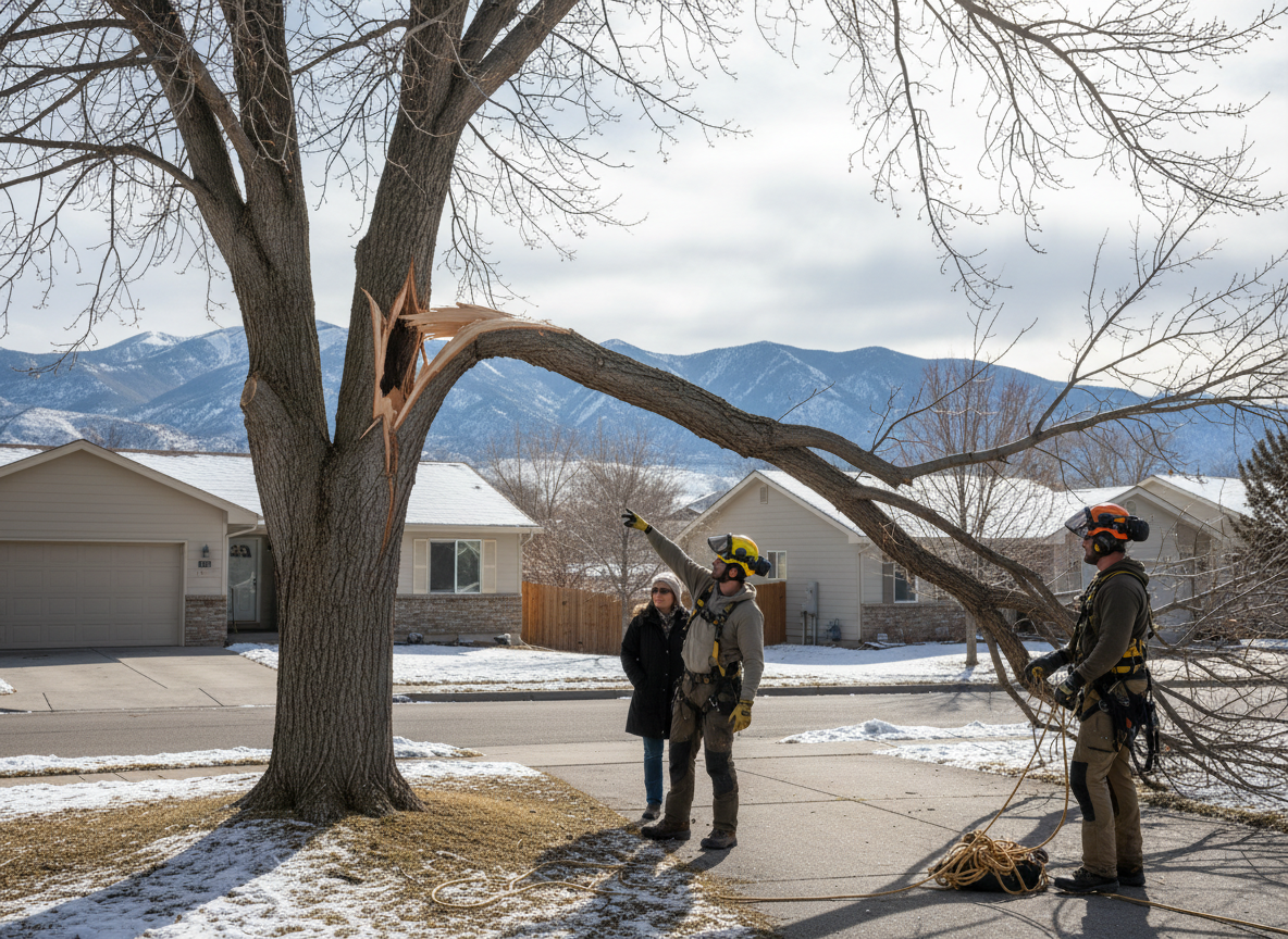 Storm Damage Tree Cleanup in Northern Utah: What to Do First (and What to Avoid) - crew assessing storm-damaged branches at a Northern Utah property