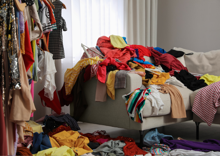 A mountain of clothes contributes to woman getting stuck mid declutter