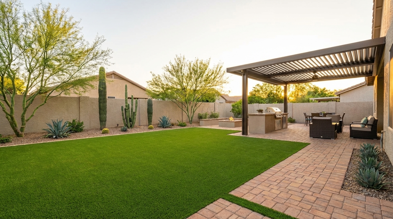 Luxury Arizona backyard at sunset with artificial turf, paver patio, fire pit, and patio cover by Green Forever Arizona
