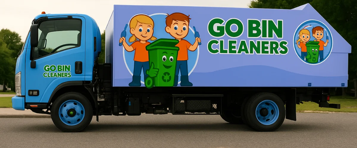 Mobile trash bin cleaning service truck with cartoon logo parked on street Mobile trash bin cleaning service truck with cartoon logo parked on street