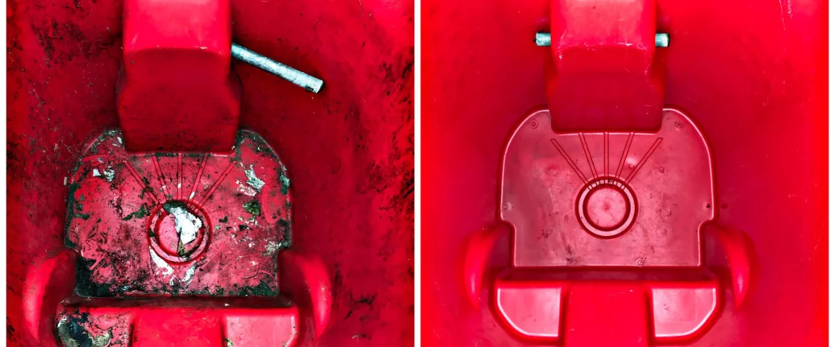 Before and after comparison of dirty and clean red trash bin interior Before and after comparison of dirty and clean red trash bin interior