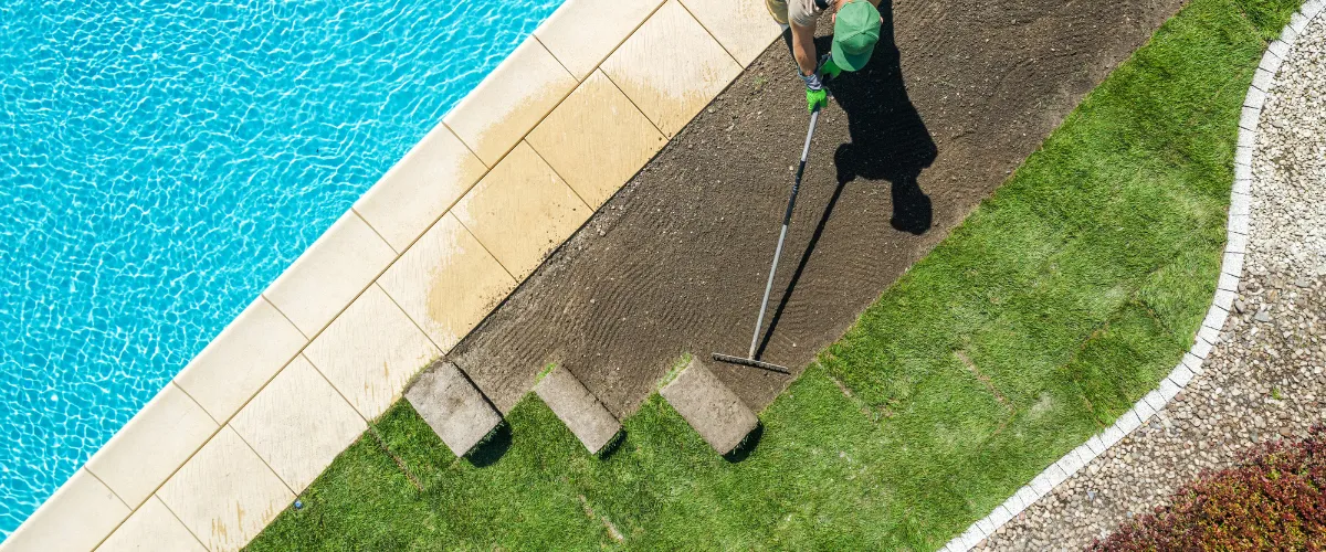 Sod installation near swimming pool with curved edge layout